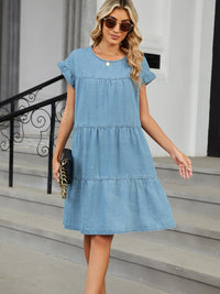 Tiered Round Neck Short Sleeve Denim Dress - Pahabu - Women's Clothing & Shop
