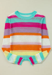 Openwork Contrast Striped Round Neck Knit Top - Pahabu - Women's Clothing & Shop