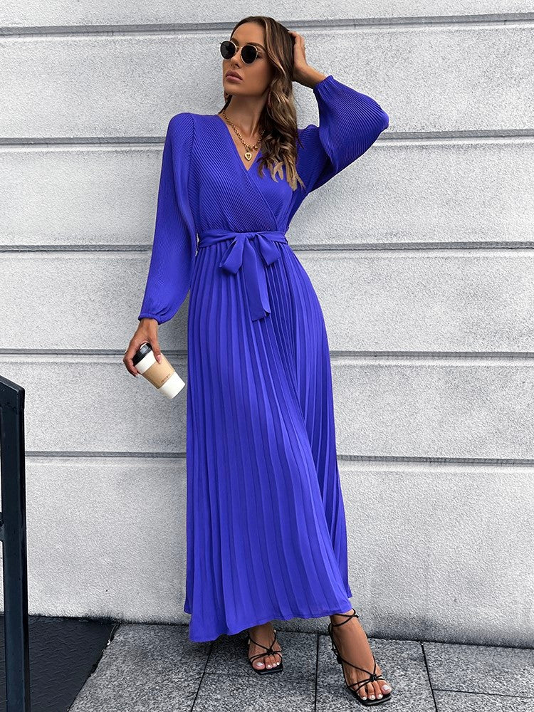 V-Neck Tie Waist Pleated Maxi Dress - Pahabu - Women's Clothing & Shop