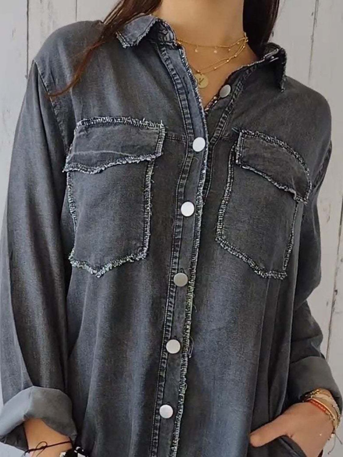 Full Size Raw Hem Button Up Long Sleeve Denim Top Plus Size - Pahabu - Women's Clothing & Shop