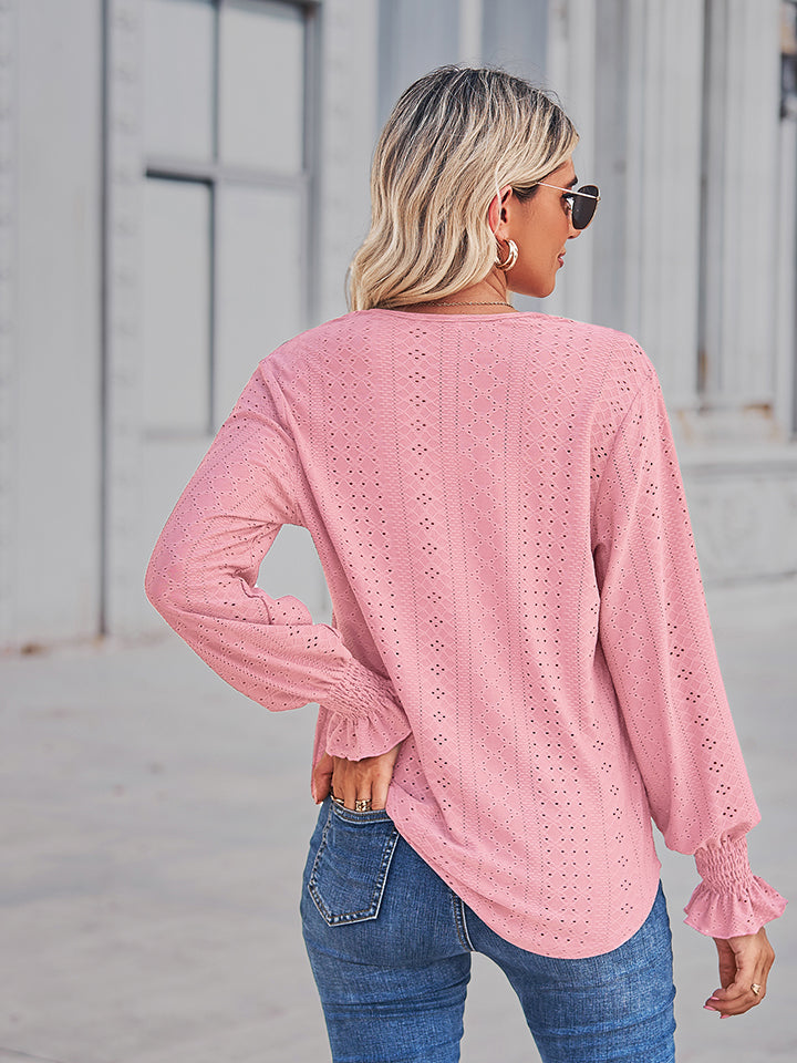 V-Neck Eyelet Flounce Sleeve Blouse - Pahabu - Women's Clothing & Shop