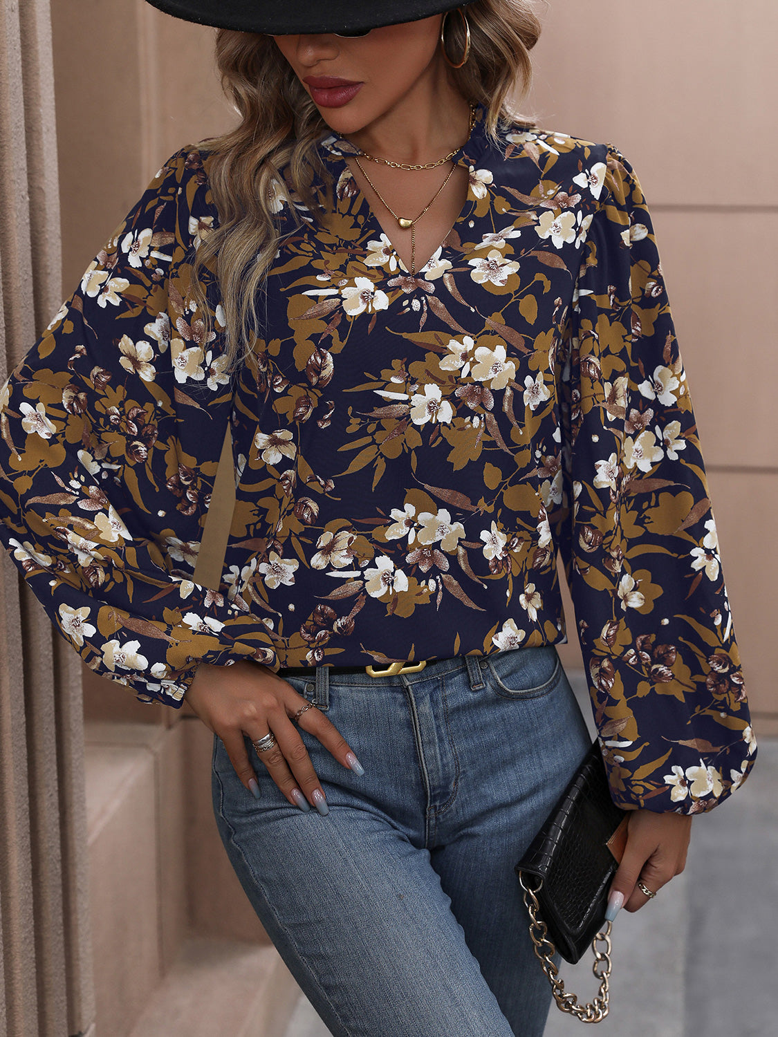 Perfee Floral Notched Balloon Sleeve Blouse - Pahabu - Women's Clothing & Shop