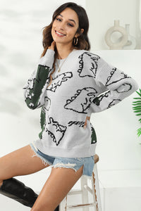 Dinosaur Print Pullover Sweater - Pahabu - Women's Clothing & Shop