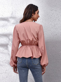 V-Neck Balloon Sleeve Peplum Blouse - Pahabu - Women's Clothing & Shop