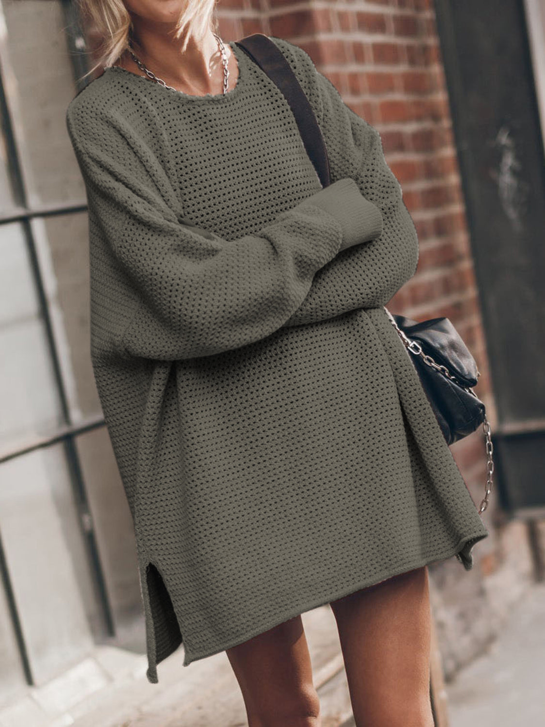 Openwork Round Neck Long Sleeve Slit Sweater - Pahabu - Women's Clothing & Shop