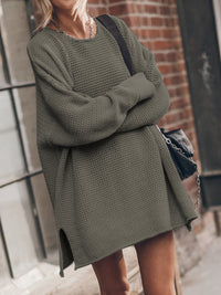Openwork Round Neck Long Sleeve Slit Sweater - Pahabu - Women's Clothing & Shop