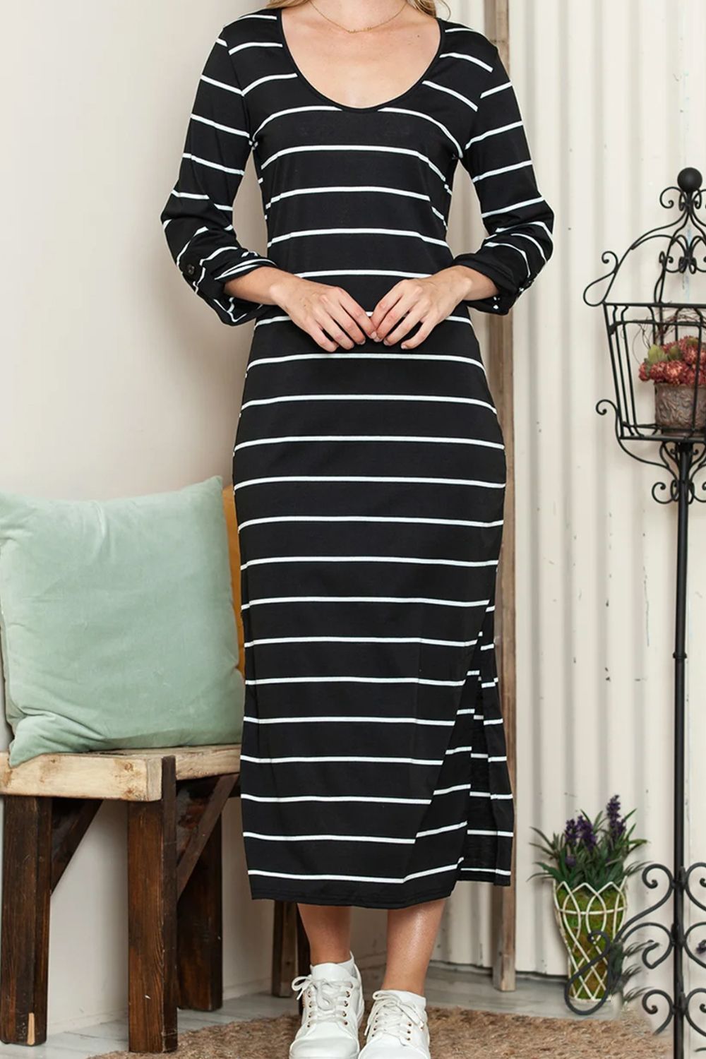 Slit Striped Scoop Neck Long Sleeve Midi Tee Dress - Pahabu - Women's Clothing & Shop