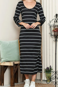 Slit Striped Scoop Neck Long Sleeve Midi Tee Dress - Pahabu - Women's Clothing & Shop