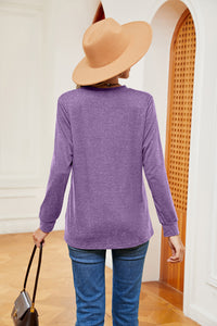 Buttoned Notched Neck Long Sleeve Top - Pahabu - Women's Clothing & Shop