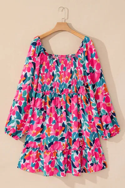 Plus Size Smocked Floral Square Neck Balloon Sleeve Dress - Pahabu - Women's Clothing & Shop