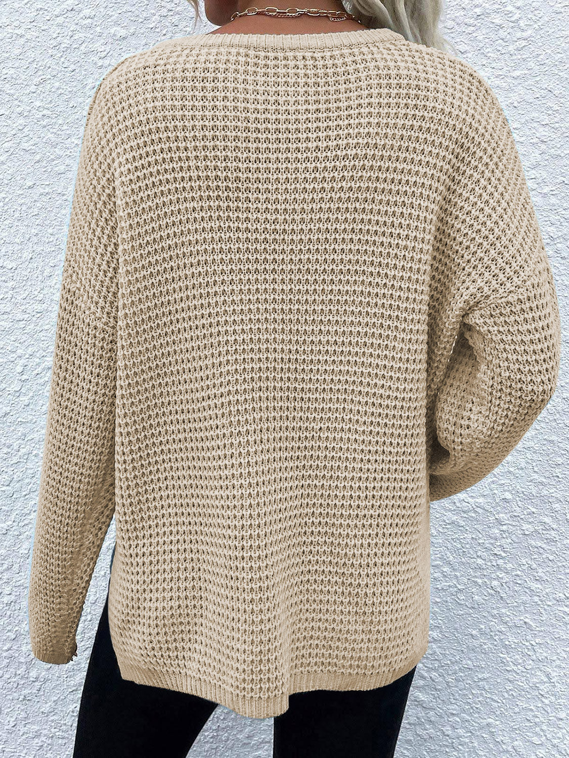 Notched Long Sleeve Sweater - Pahabu - Women's Clothing & Shop