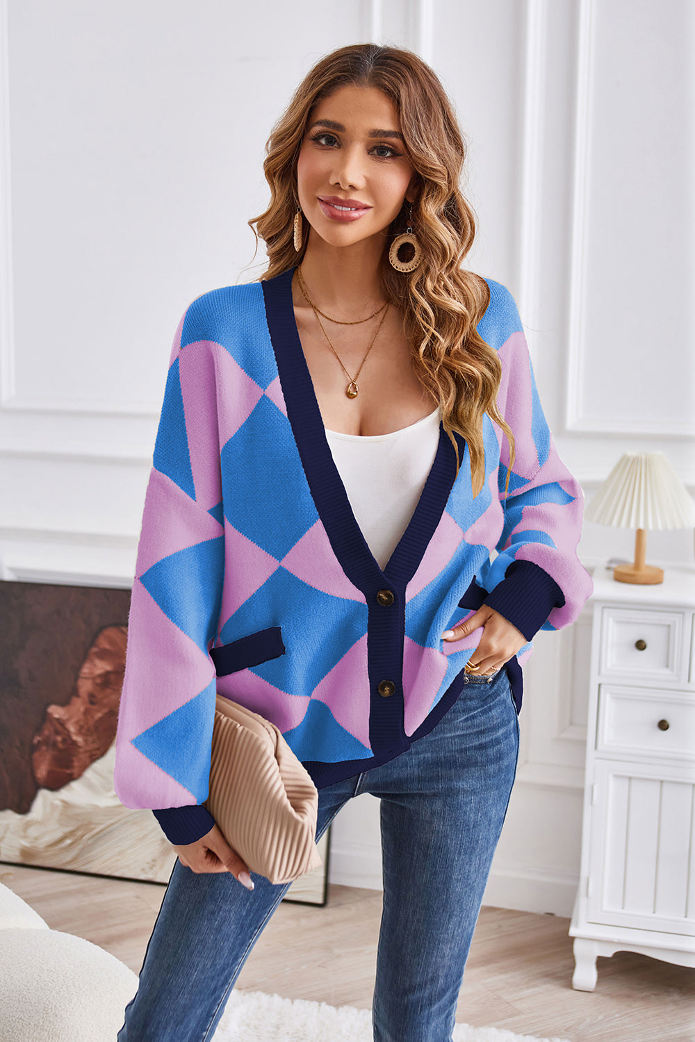 Geometric Lantern Sleeve Cardigan with Pockets - Pahabu - Women's Clothing & Shop