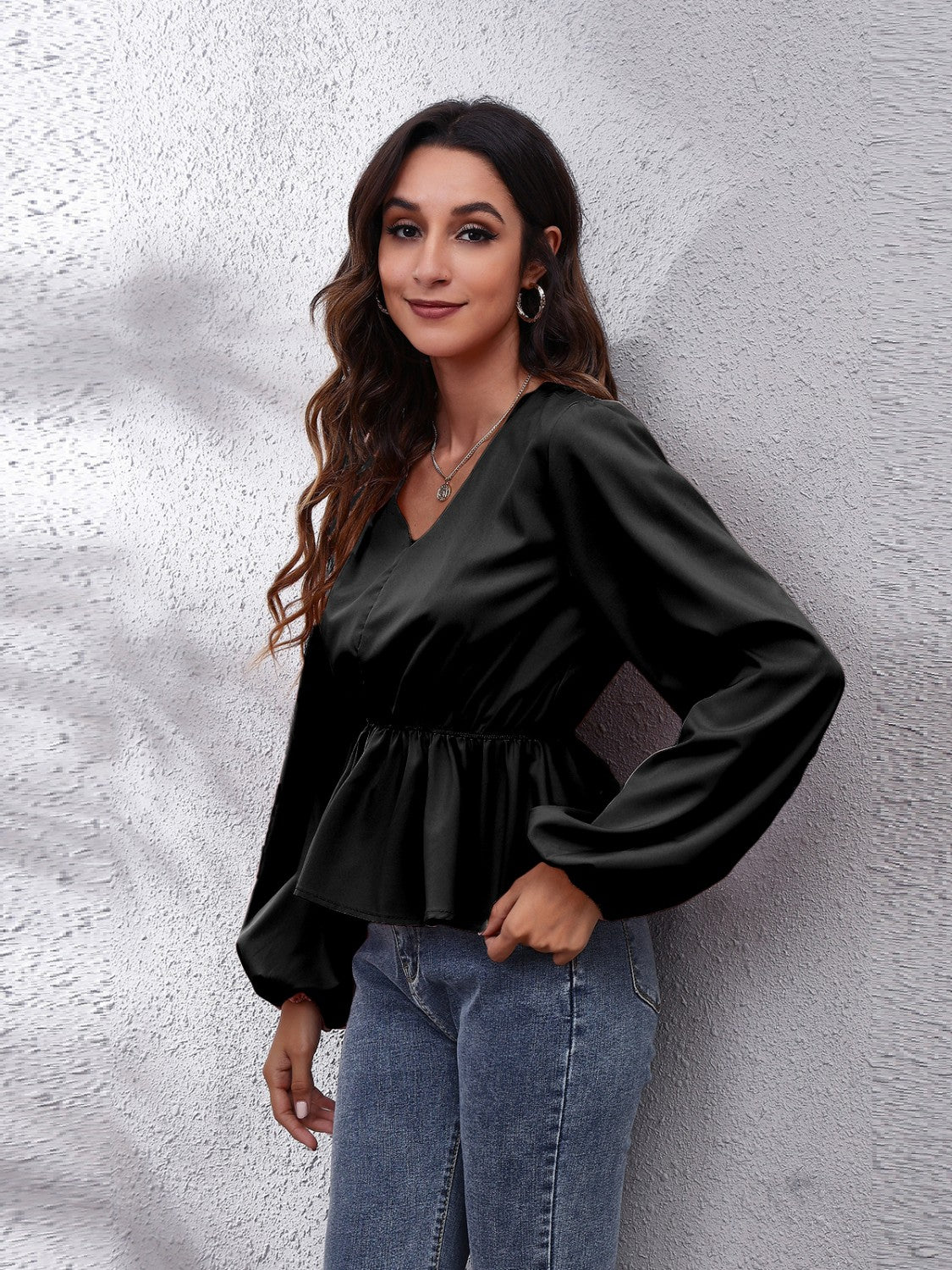 V-Neck Balloon Sleeve Peplum Blouse - Pahabu - Women's Clothing & Shop