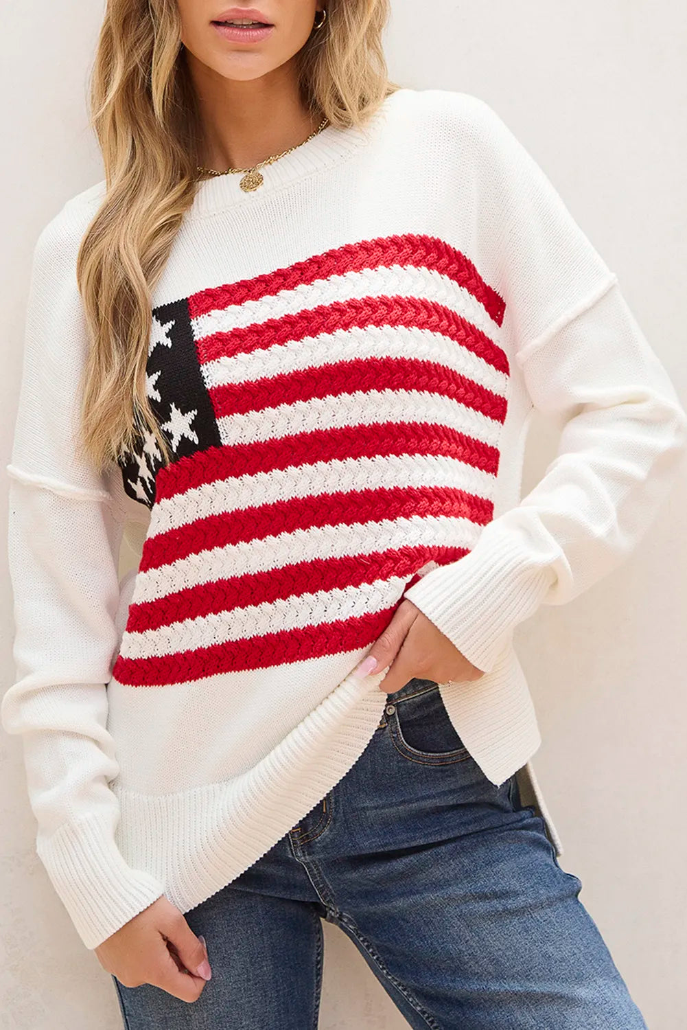 US Flag Round Neck Long Sleeve Knit Top - Pahabu - Women's Clothing & Shop