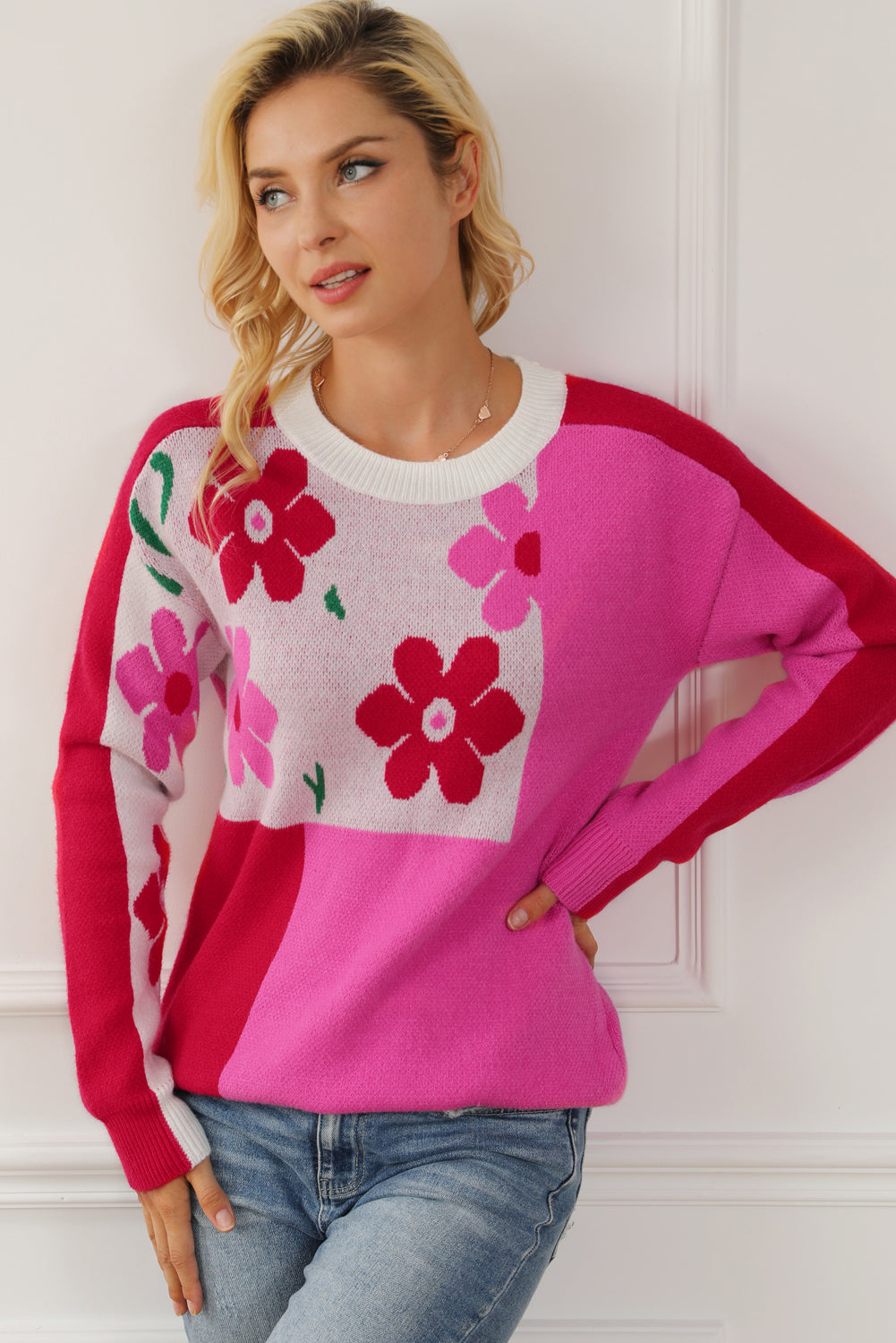 Floral Round Neck Dropped Shoulder Sweater - Pahabu - Women's Clothing & Shop