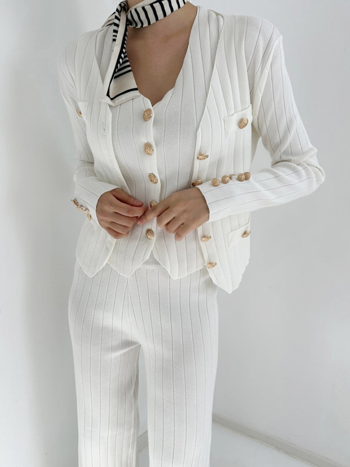 V-Neck Tank, Cardigan and Pants Three-Piece Sweater Set - Pahabu - Women's Clothing & Shop