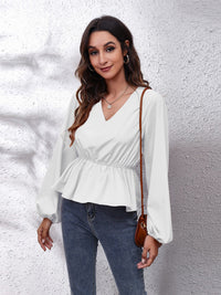 V-Neck Balloon Sleeve Peplum Blouse - Pahabu - Women's Clothing & Shop