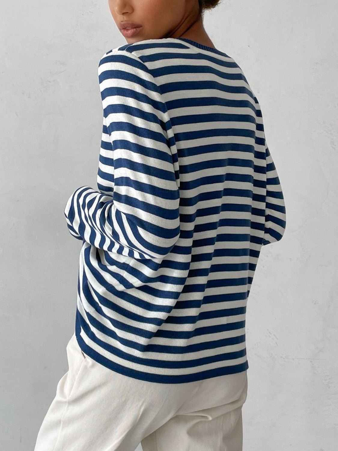 Striped Round Neck Long Sleeve Sweater - Pahabu - Women's Clothing & Shop