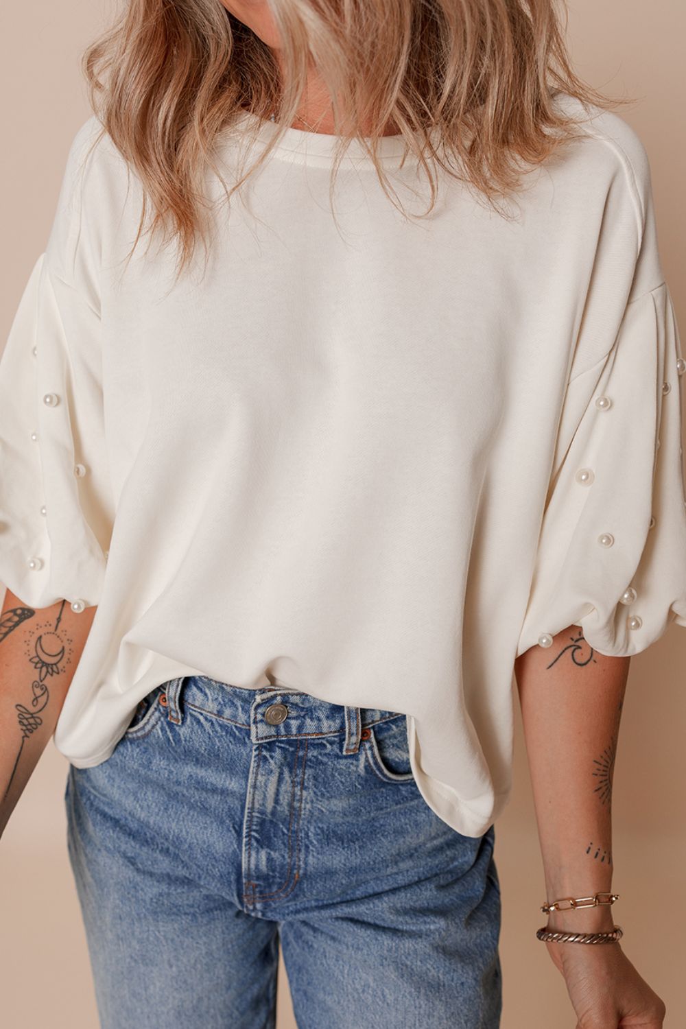 Pearl Detail Round Neck Half Sleeve Blouse - Pahabu - Women's Clothing & Shop