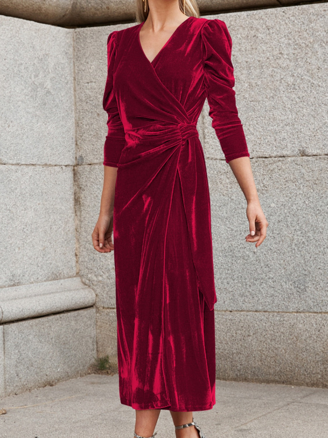Surplice Puff Sleeve Midi Dress - Pahabu - Women's Clothing & Shop