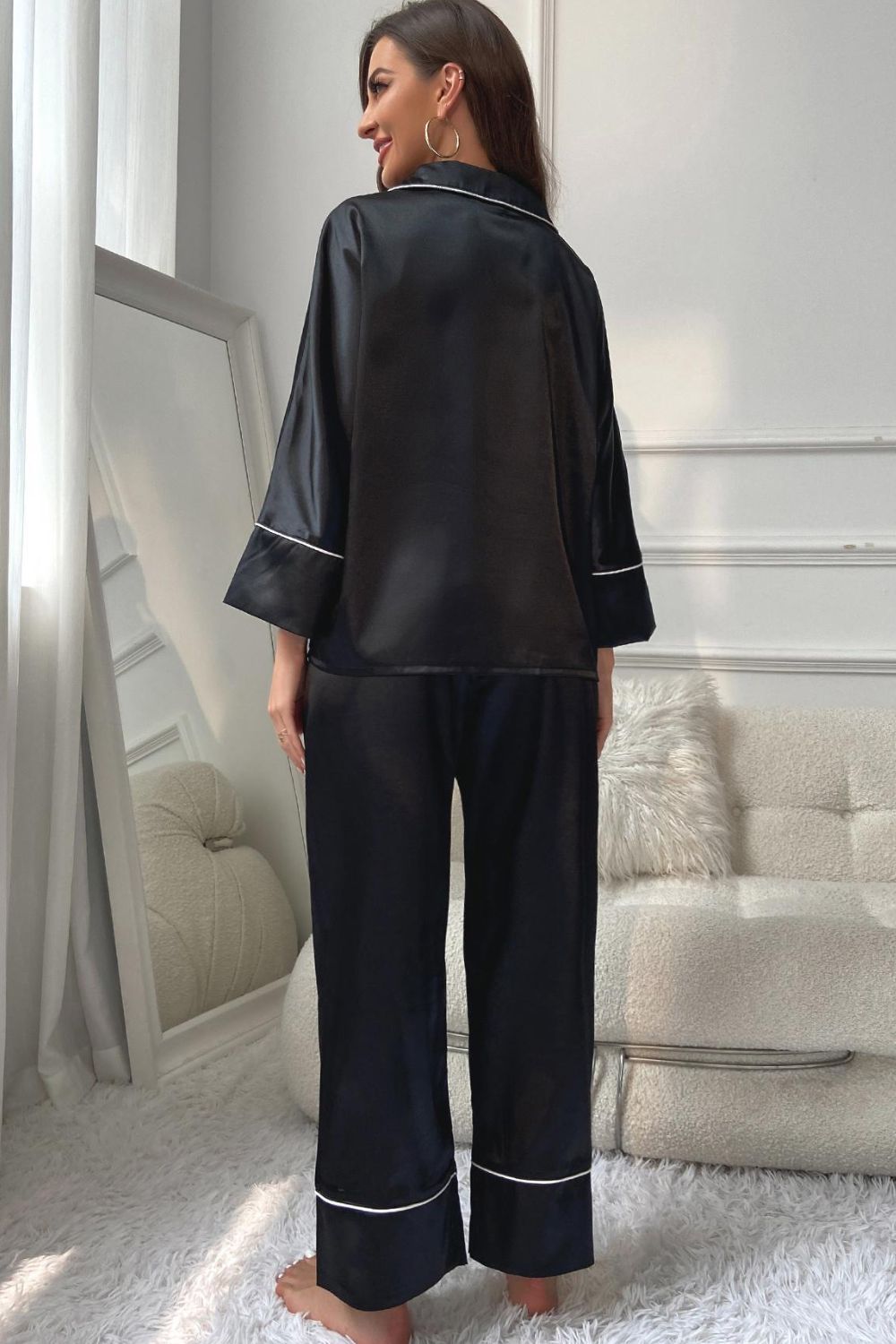 Contrast Piping Button-Up Top and Pants Pajama Set - Pahabu - Women's Clothing & Shop