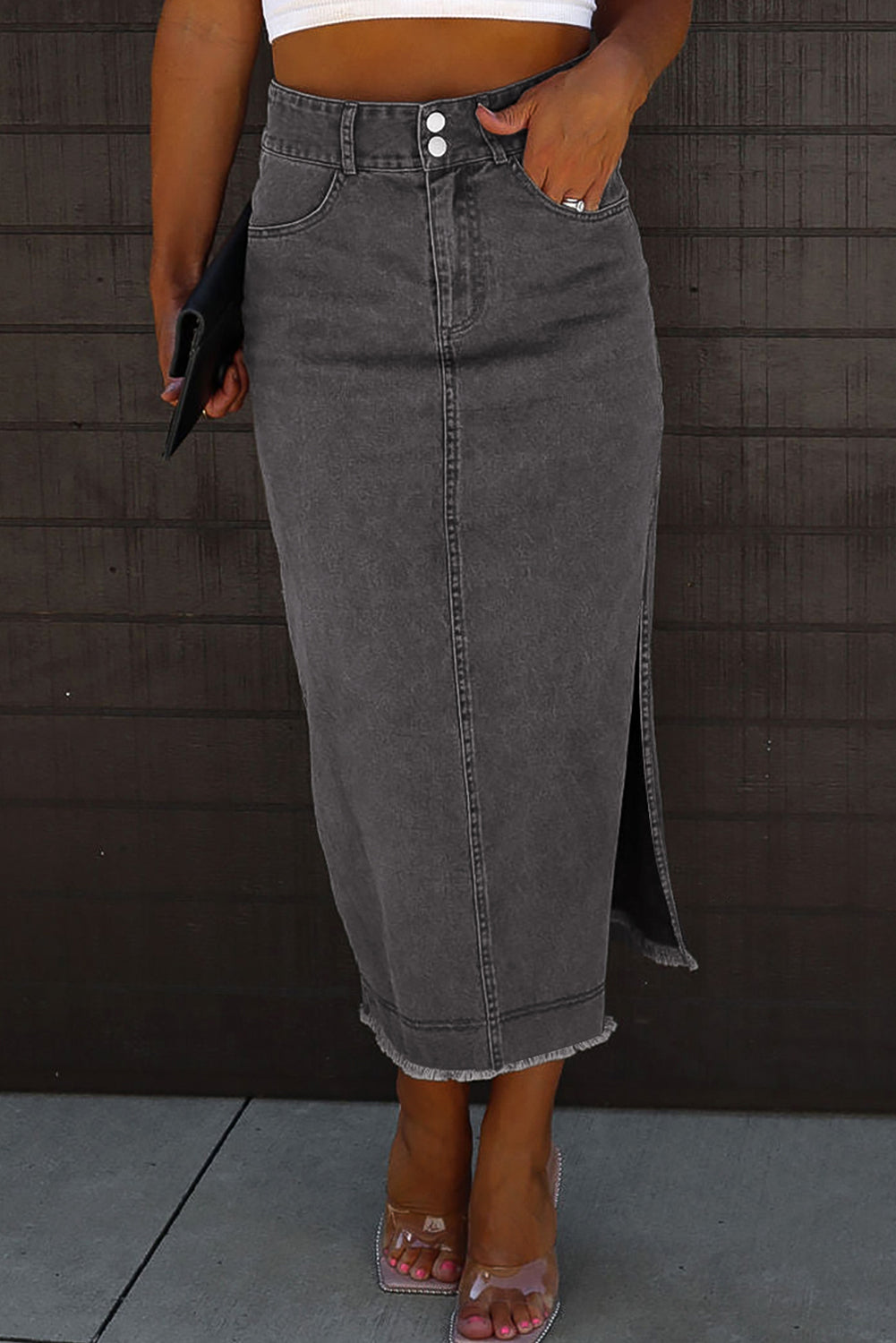 Raw Hem Slit Pocketed Midi Denim Skirt - Pahabu - Women's Clothing & Shop