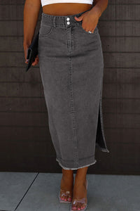 Raw Hem Slit Pocketed Midi Denim Skirt - Pahabu - Women's Clothing & Shop