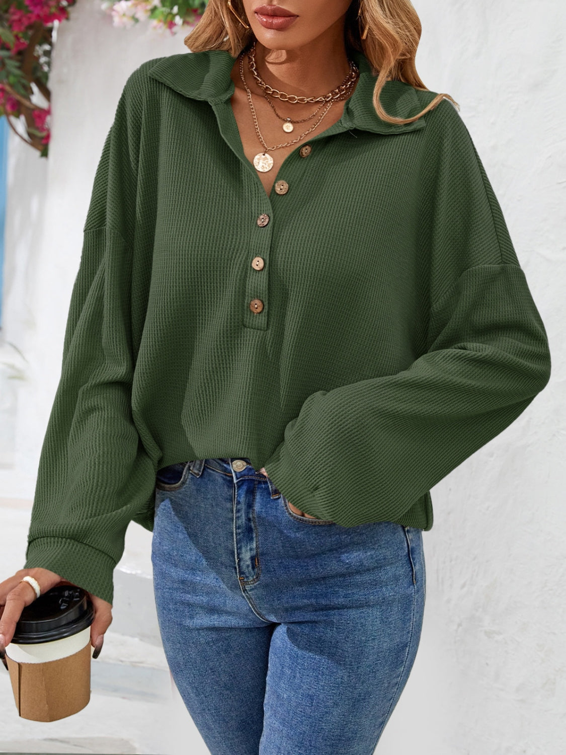 Half Button Collared Neck Long Sleeve Top - Pahabu - Women's Clothing & Shop