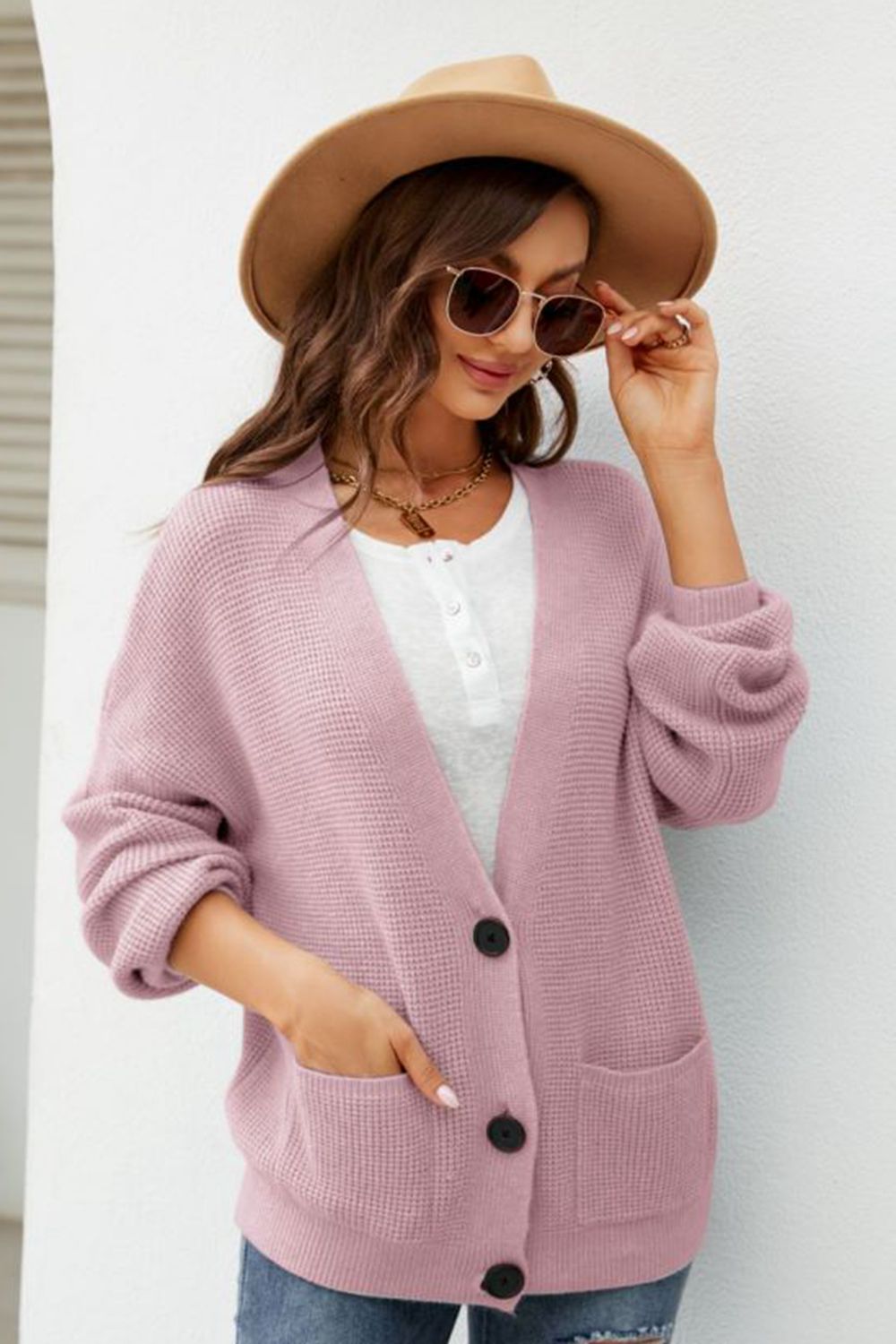 Waffle-Knit Dropped Shoulder Cardigan - Pahabu - Women's Clothing & Shop