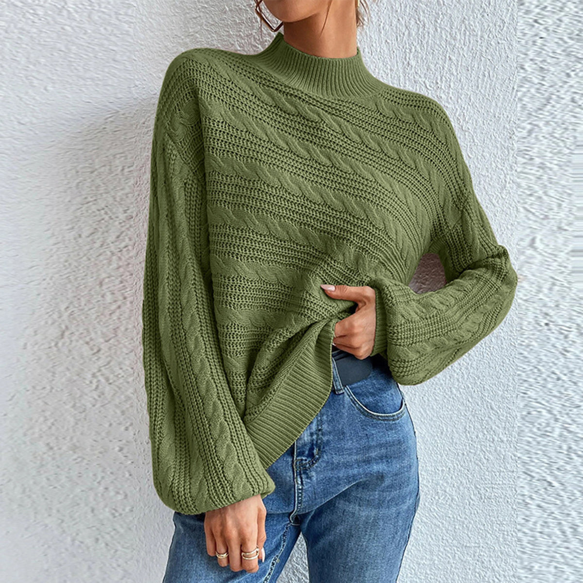 Cable-Knit Mock Neck Long Sleeve Sweater - Pahabu - Women's Clothing & Shop