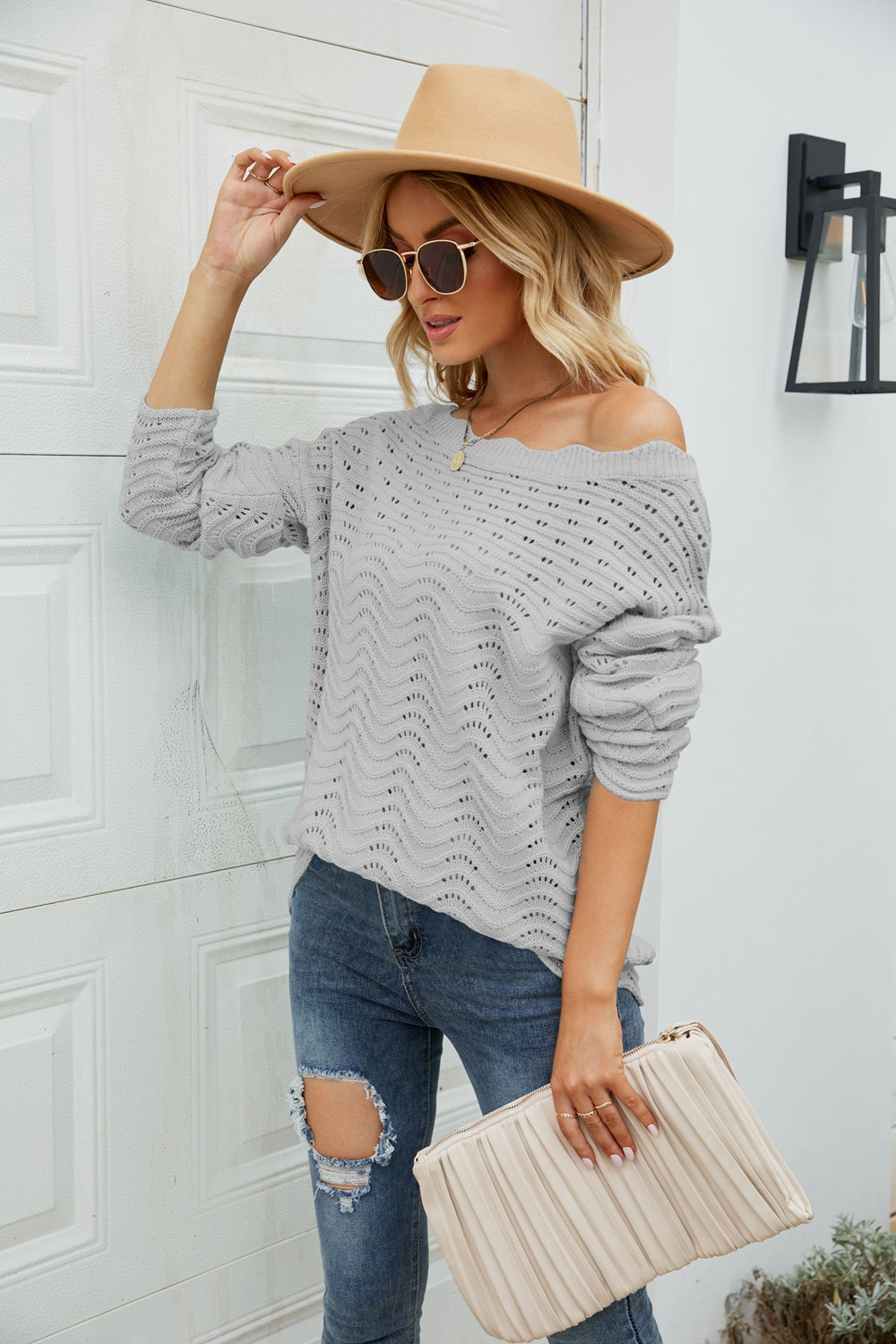 Woven Right Scalloped Boat Neck Openwork Tunic Sweater - Pahabu - Women's Clothing & Shop