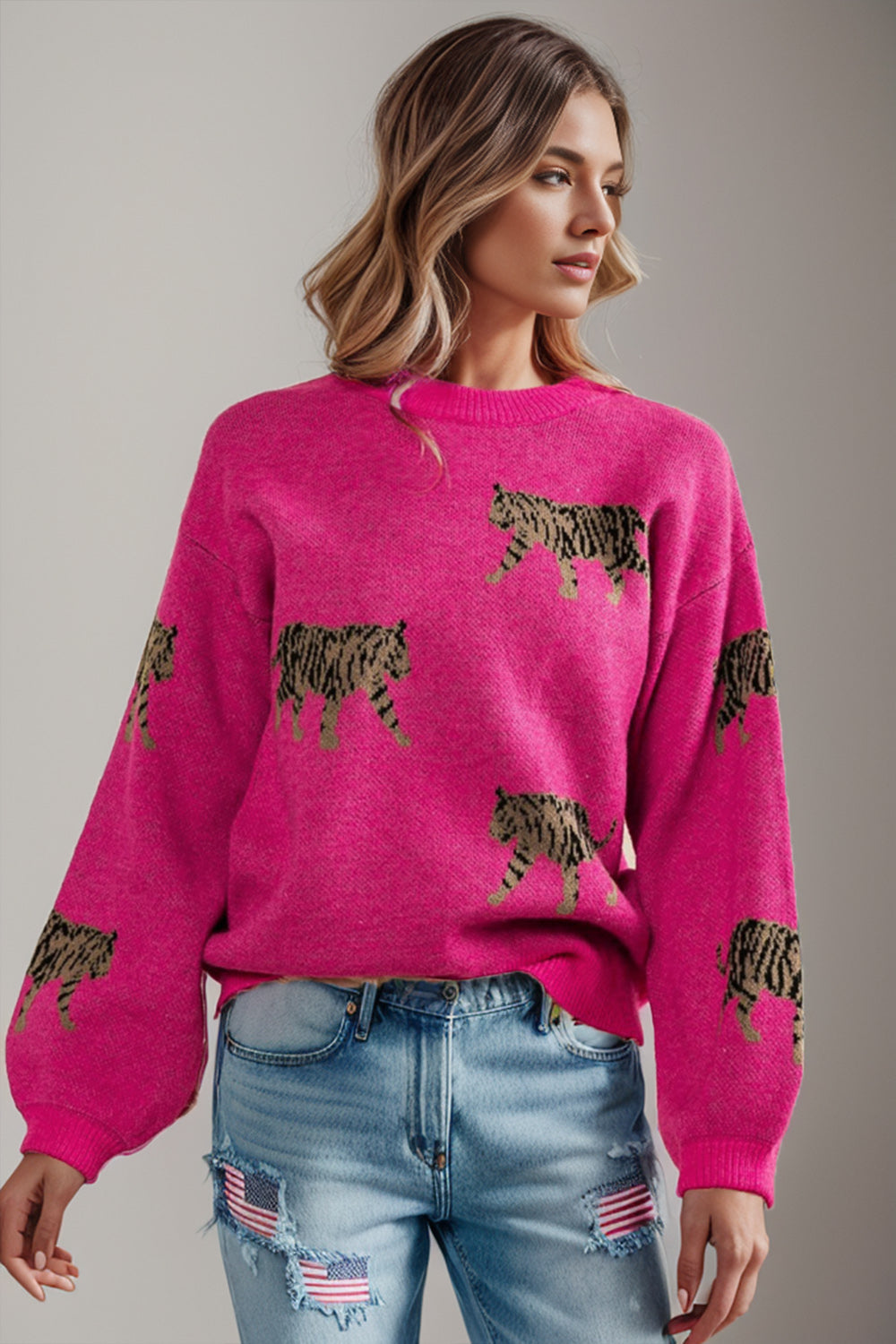 Tiger Pattern Round Neck Drop Shoulder Sweater - Pahabu - Women's Clothing & Shop