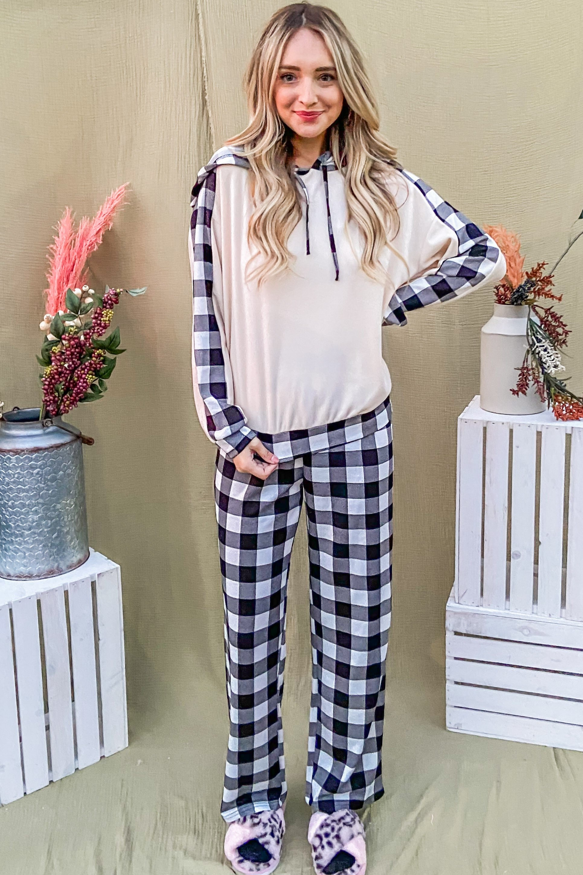 And The Why Drawstring Hooded Top and Plaid Pants Lounge Set