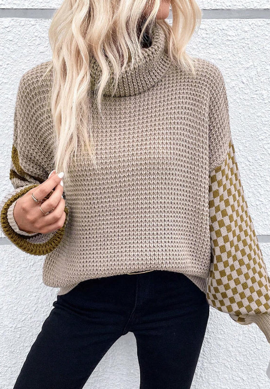 Striped & Checkered Turtleneck Dropped Shoulder Sweater - Pahabu - Women's Clothing & Shop