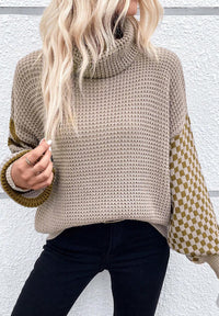 Striped & Checkered Turtleneck Dropped Shoulder Sweater - Pahabu - Women's Clothing & Shop