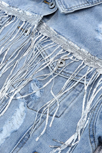 Sequin Fringe Trim Distressed Button Up Denim Jacket - Pahabu - Women's Clothing & Shop