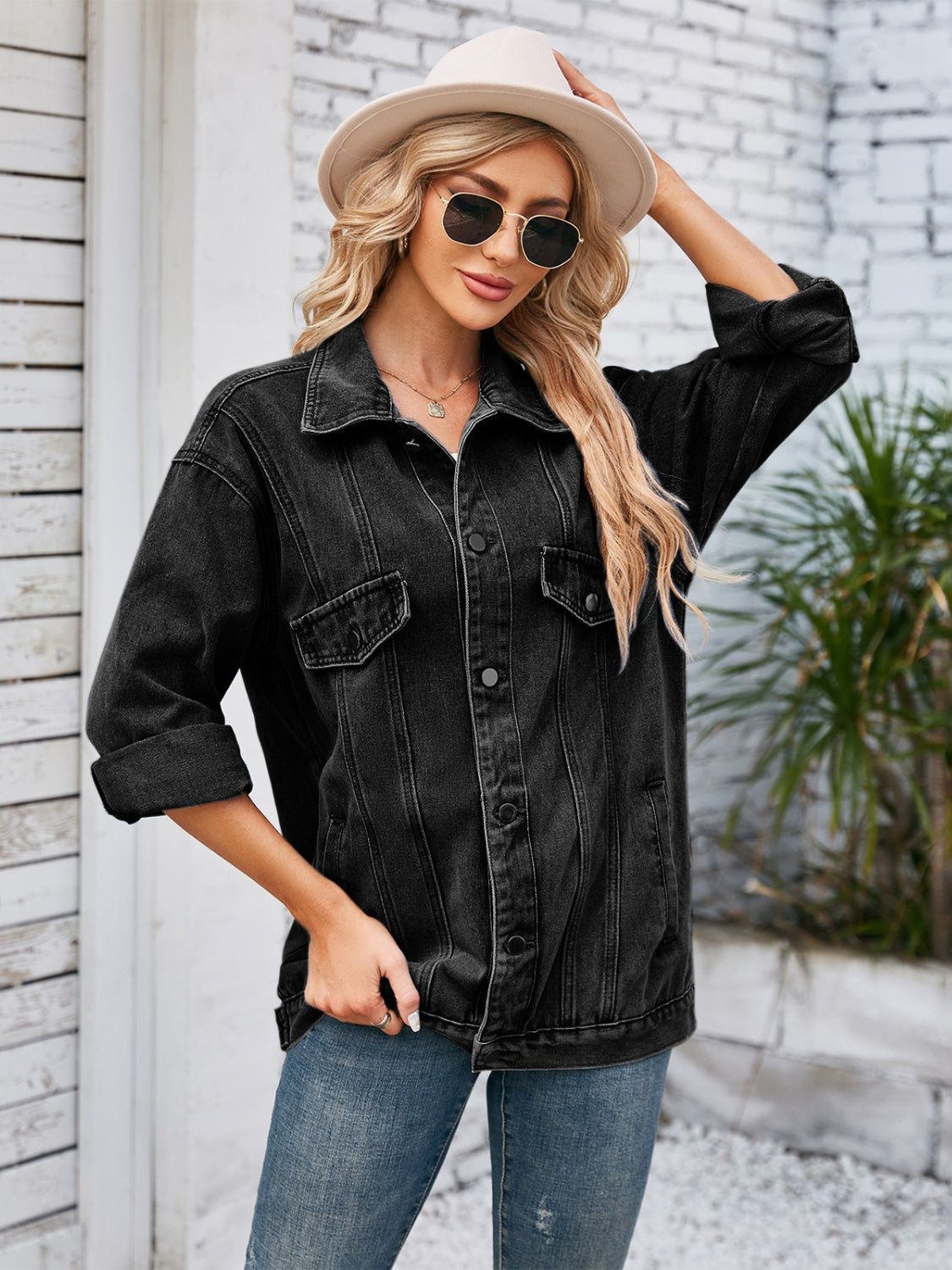 Button Up Long Sleeve Denim Jacket - Pahabu - Women's Clothing & Shop