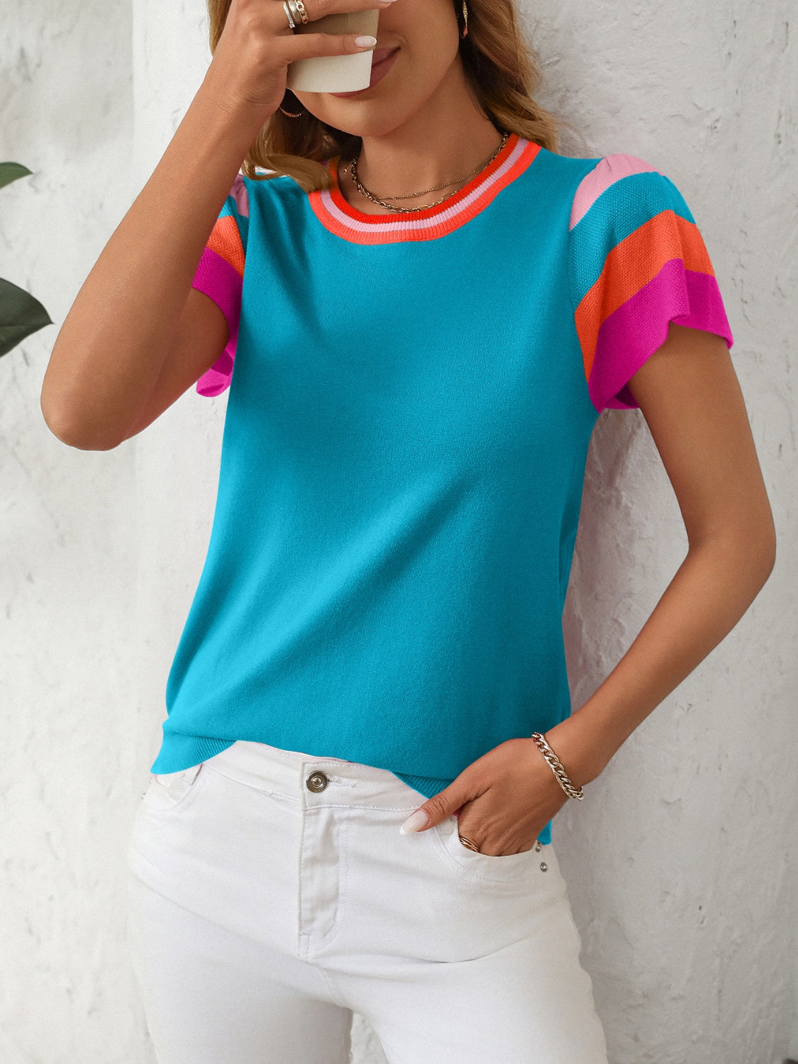 Mandy Contrast Round Neck Short Sleeve Knit Top - Pahabu - Women's Clothing & Shop