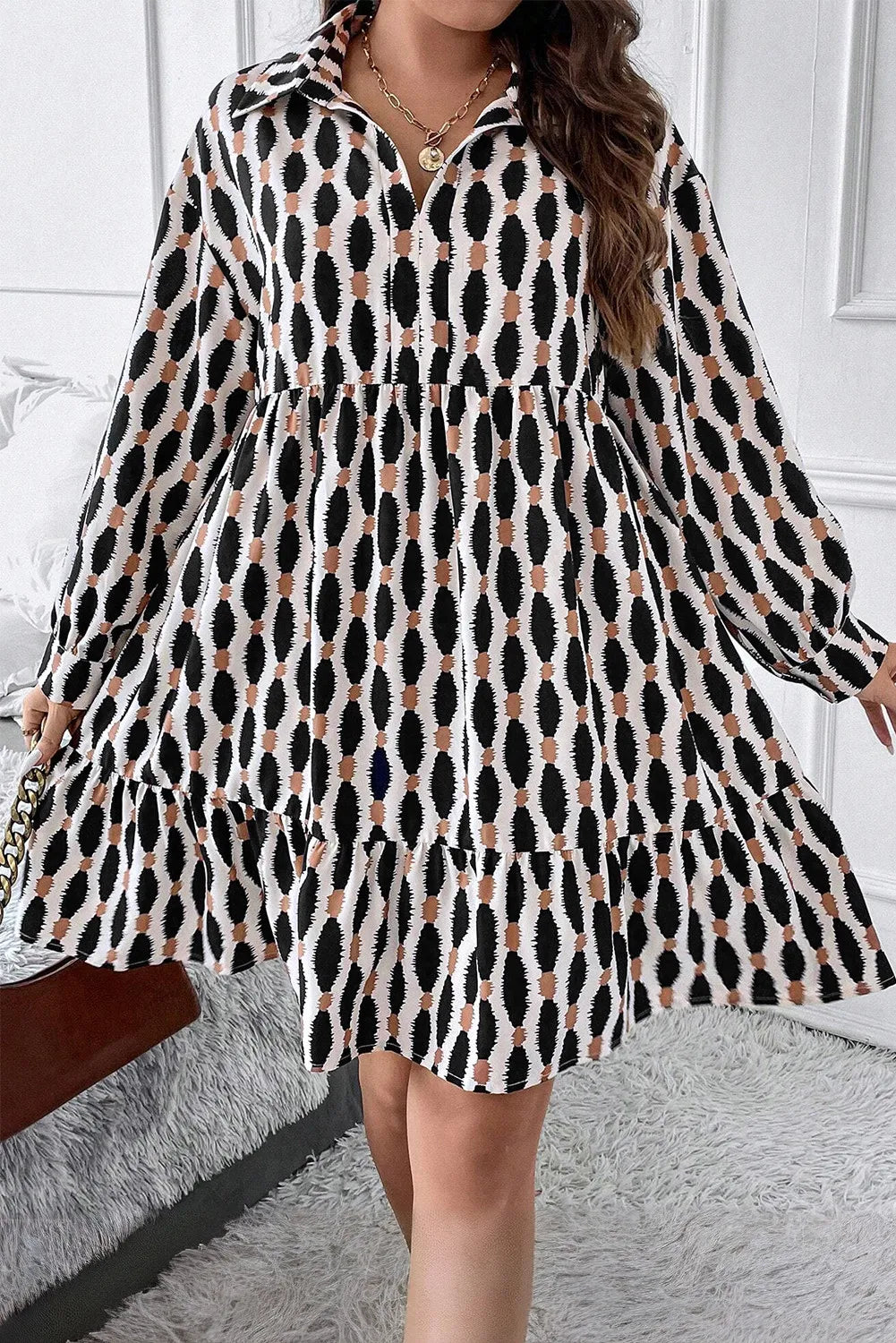 Plus Size Printed Johnny Collar Long Sleeve Dress - Pahabu - Women's Clothing & Shop