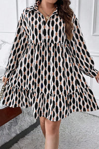 Plus Size Printed Johnny Collar Long Sleeve Dress - Pahabu - Women's Clothing & Shop