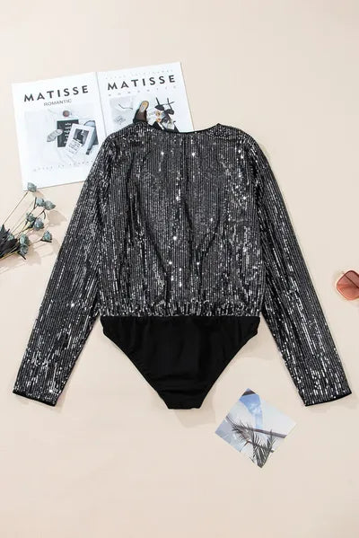 Sequin Surplice Long Sleeve Bodysuit - Pahabu - Women's Clothing & Shop