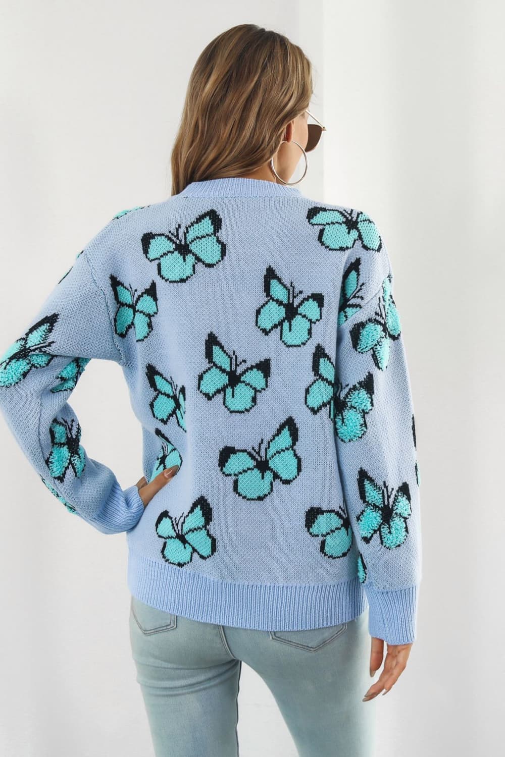 Butterfly Pattern Round Neck Dropped Shoulder Sweater - Pahabu - Women's Clothing & Shop