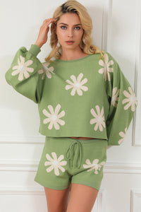 Flower Pattern Long Sleeve Sweater and Drawstring Shorts Set - Pahabu - Women's Clothing & Shop