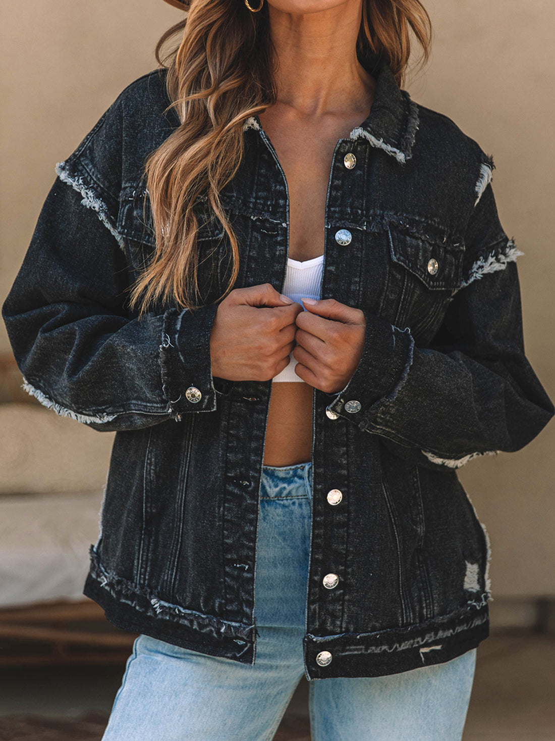 Button Up Raw Hem Distressed Denim Jacket - Pahabu - Women's Clothing & Shop