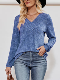 V-Neck Ribbed Long Sleeve Top - Pahabu - Women's Clothing & Shop