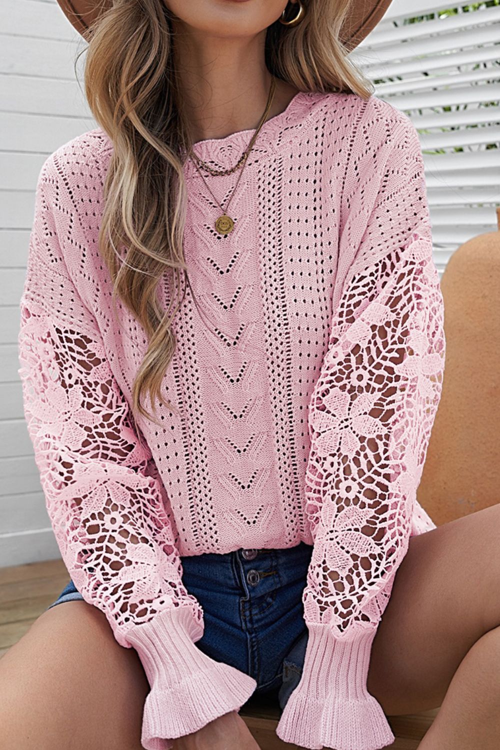 Openwork Round Neck Long Sleeve Sweater - Pahabu - Women's Clothing & Shop