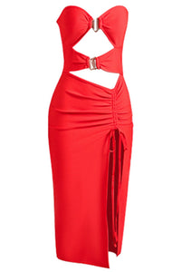 Cutout Strapless Drawstring Detail Split Bandage Dress - Pahabu - Women's Clothing & Shop
