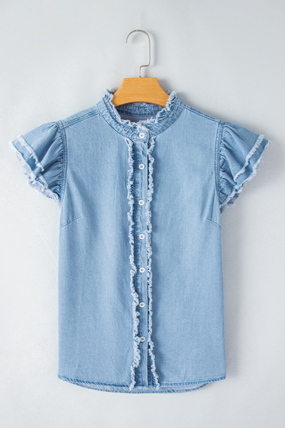 Raw Hem Button Up Cap Sleeve Denim Top - Pahabu - Women's Clothing & Shop