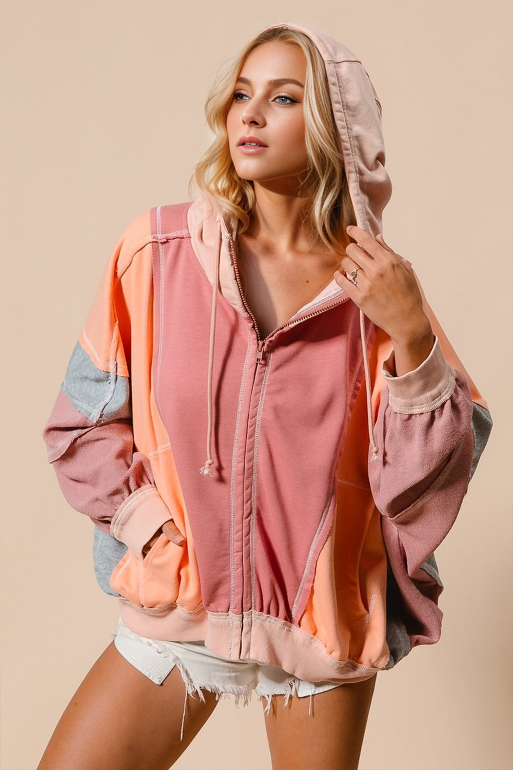 Double Take Full Size Color Block Zip Up Hoodie - Pahabu - Women's Clothing & Shop