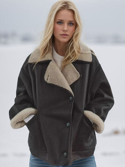 Collared Neck Long Sleeve Plush Jacket - Pahabu - Women's Clothing & Shop